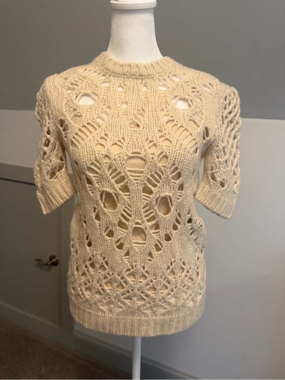 Christian Dior Beige Open Knit Wool Camel Short Sleeve Sweater Nude Camisole 36